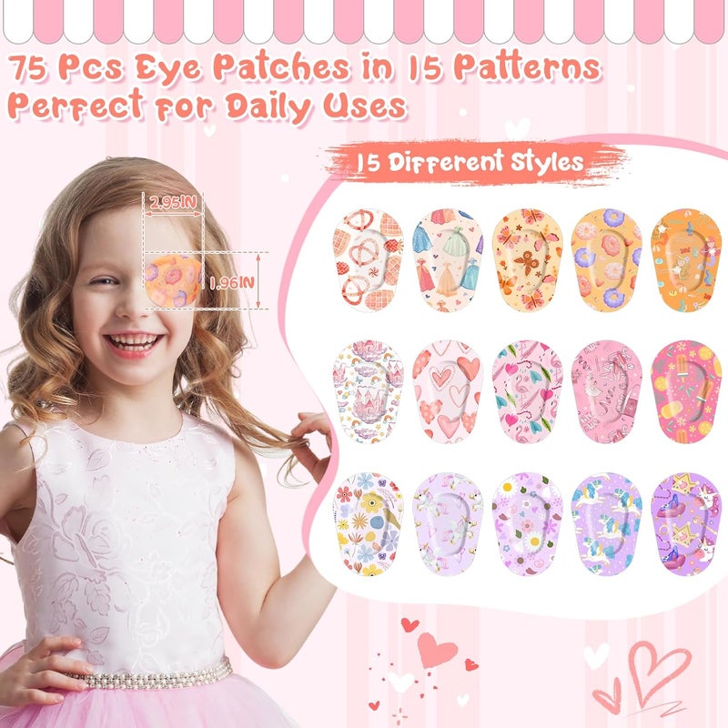 Jollidecor 75 Pcs Kids Eye Patches 15 Cute Styles Soft Breathable Cotton Adhesive Patches for Amblyopia and Lazy Eye, 2.95"x1.96" Disposable Bandages for Toddlers, Girls & Adults, Bulk Pack - Image 2